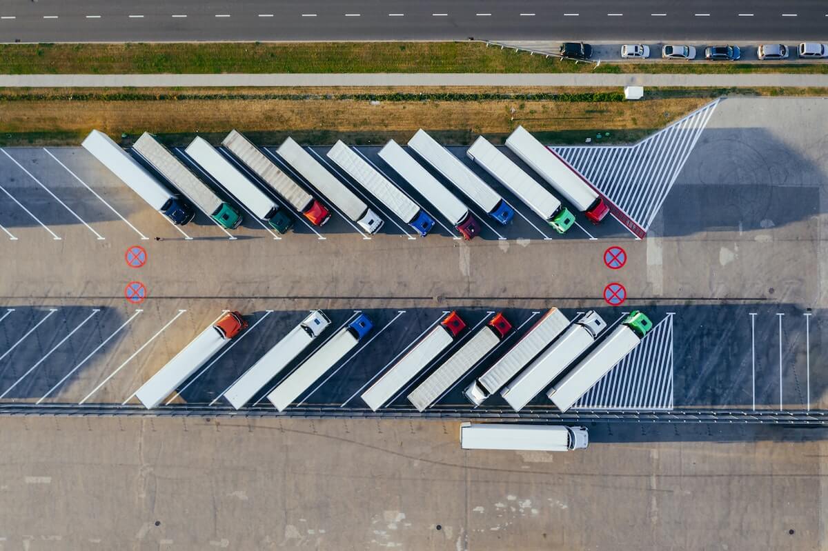aerial shot of trucks